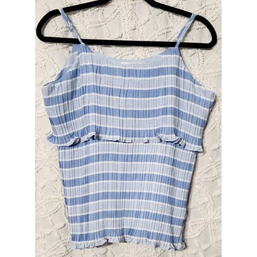 L Love Blouse Womens S Blue White Stripe Officecore Lettuce Hem Ruffle‎ Feminine